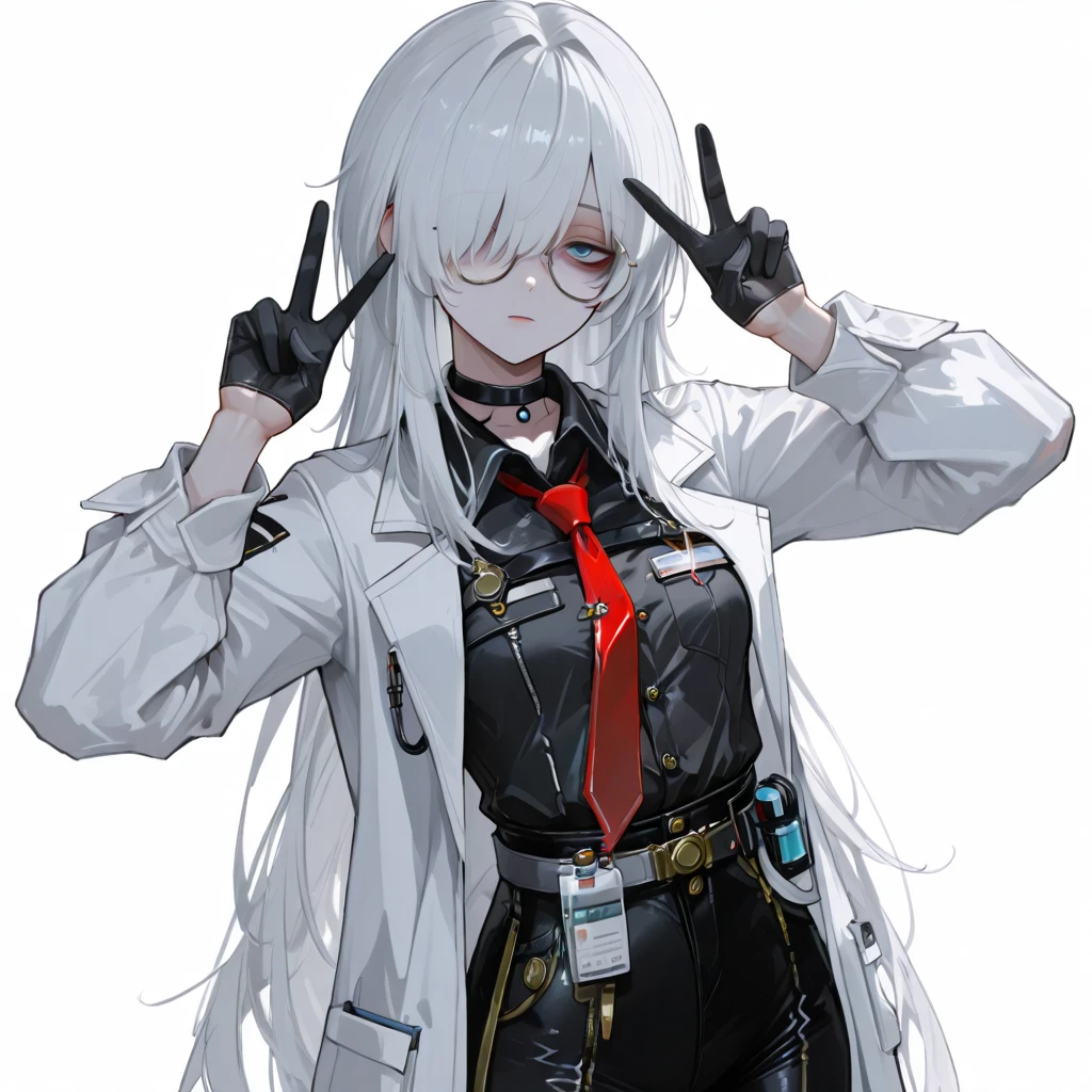 A boy of about 19 years old with white wavy hair gathered in a ponytail on top of his head has rabbit ears, his skin is light and his eyes are bright red. He is dressed in a black bodysuit without shoulders and a stretched robe on top, the body is athletic.