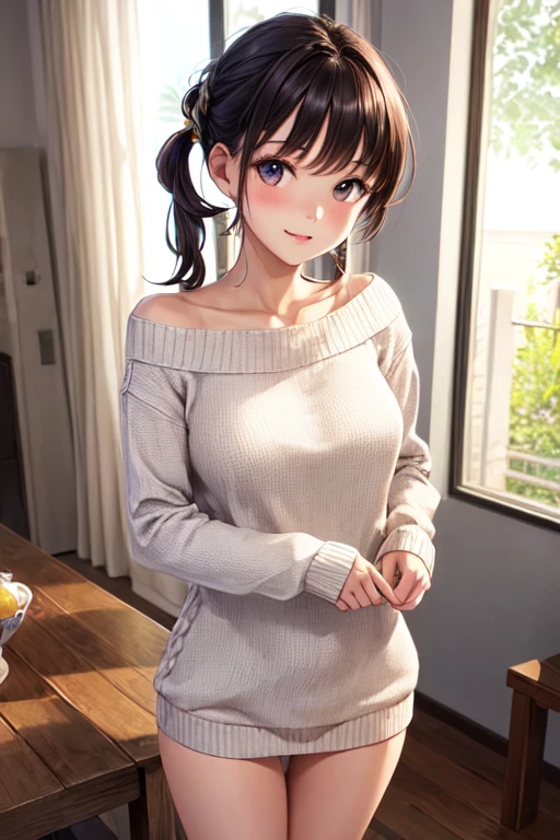 Shoulder sweater, Curly shorthair, hair scrunchie, Twin-tailed, kawaii pose、Eat mochi、TV commercial style pose