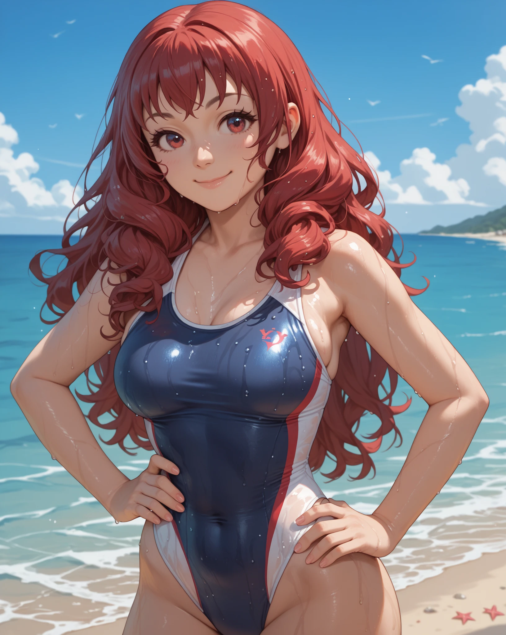 ore no imouto ga konna ni kawaii wake ga nai, 25-yers-old girl with crimson red hair - pulled up into twintail, wearing an anime one piece swimsuit, smiling, beach cove background, full body portrait, walking on the beach