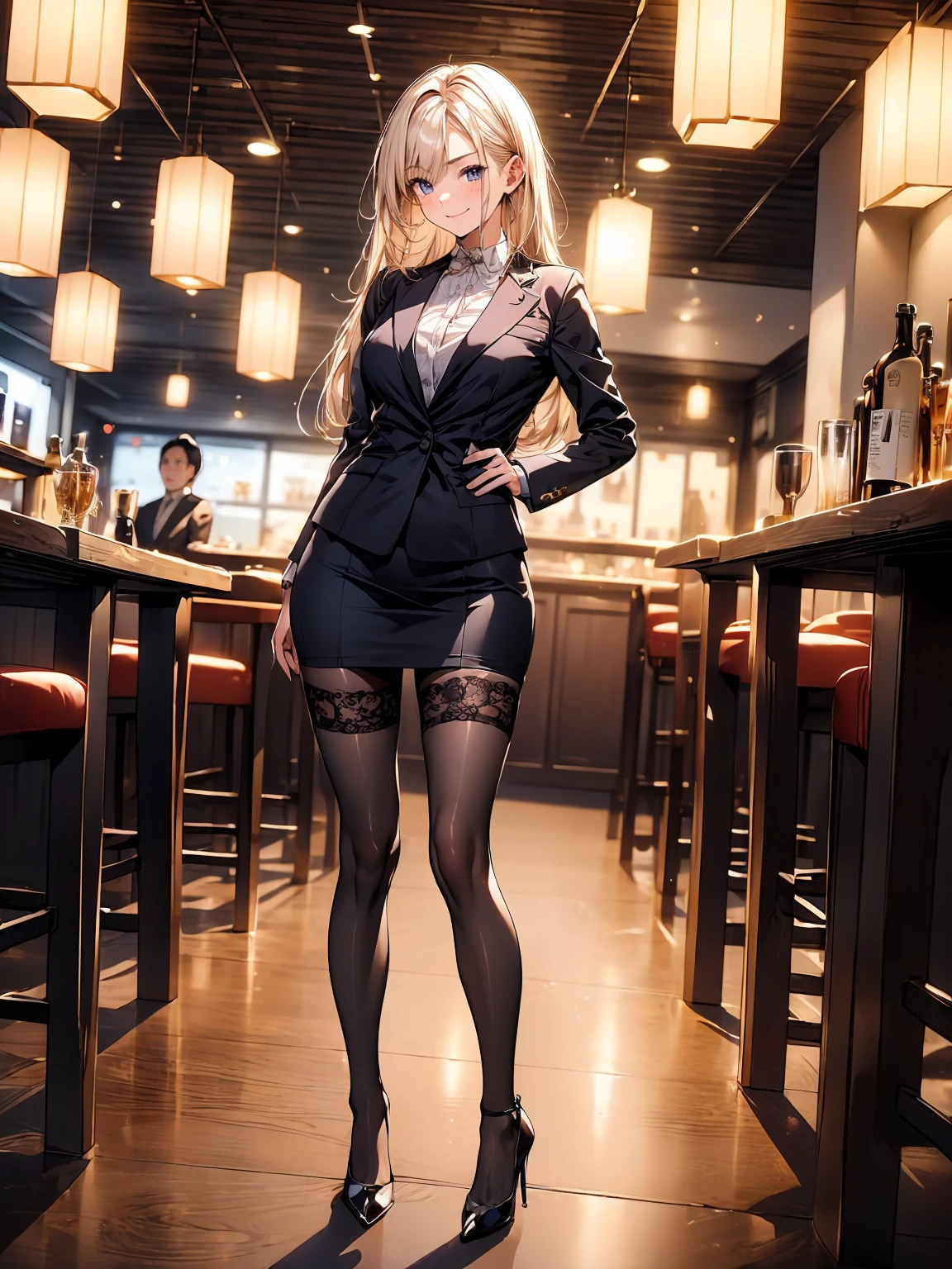 Photorealistic, just like image but real girl, waitress in a bar club leaning on a bar doing a standing split, show entire leg of leg that is extended, cute foot pointing her toes, pantyhose foot, (((black hair)(long black wavy hair with bangs, black bangs hair))), black pantyhose with cotton gusset at the crotch, skimpy black waitress uniform with a ((wearing a gold metal name tag on her shirt)), 20 yrs old, black sheer gloss pantyhose, cute bubble butt in pantyhose out to the side, (((black pantyhose with cotton panel crotch))), one leg is straight up hyper extended, holding leg up with one arm, hand grabbing ankle of leg that is up, girl face is beautiful and looking right at the camera, photorealistic, shiny realistic black pantyhose, (((cute pantyhose foot above her head, she leans on a bar in a night club, (((sexy waitress at a fancy NY bar)))