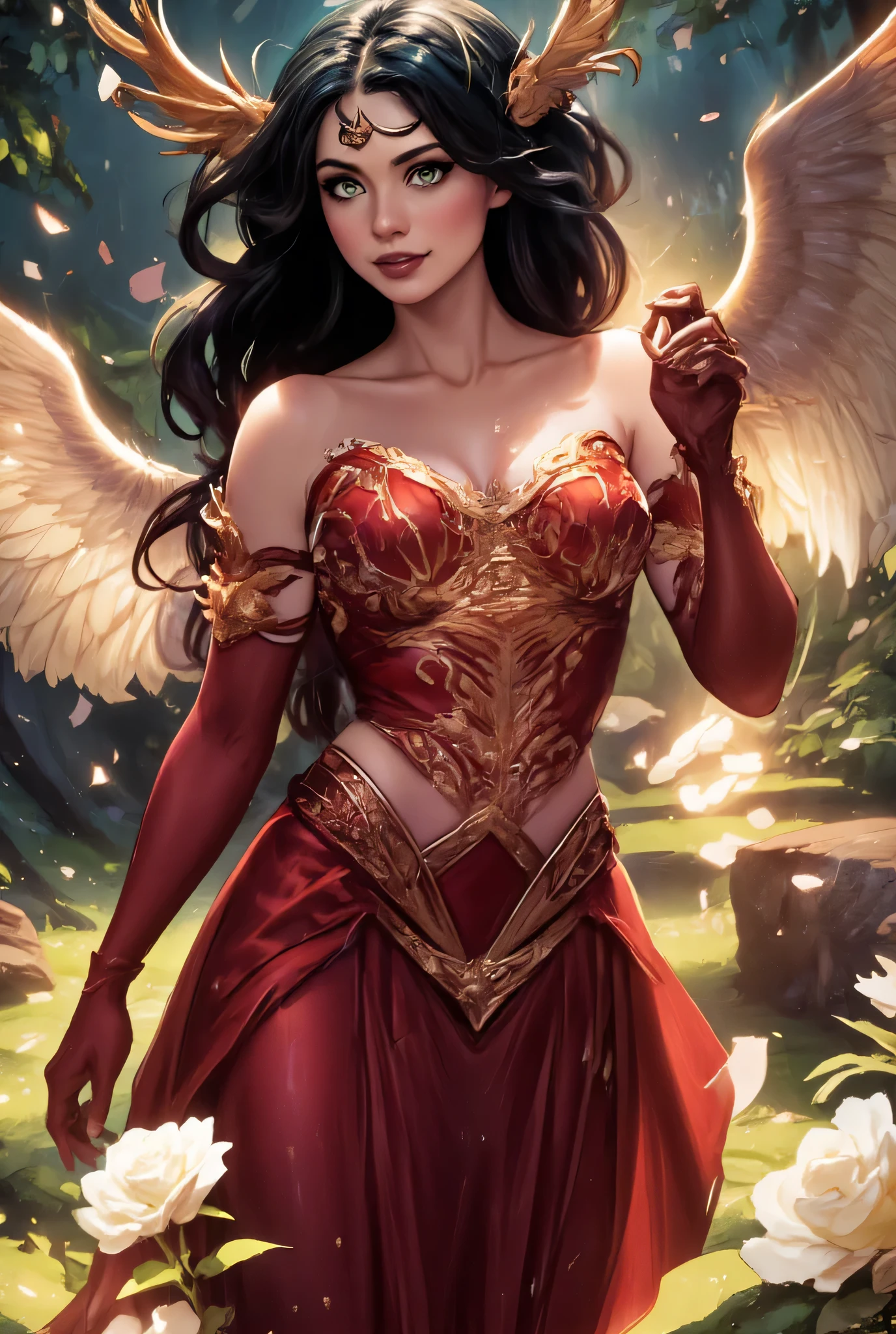 anime comic illustration fantasy art, an of an a beautiful female angel standing in forest, white rose petals swirling around the angel, full body,  beautiful angel, long  hair strands, wearing intricate, (red dress: 1.2), (white roses are entwined on the dress: 1.1), flowing white petals, fantasy forest background, it is dawn the sun rays reflect on the angel, sun rays hit the rose petals, ((high contrast: 1.5), [[anatomically correct]], high details, best quality, 8k, [ultra detailed], masterpiece, best quality, (extremely detailed), dynamic angle, ice queen, LOAsuccXL, lace up stilettos, string choker, elbow gloves, strapless, zavy-ctcmcs
