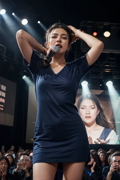 A 40-year-old Japanese woman is wearing a white business suit and holding her hands over her head.,silver pearl necklace,black camisole,dark blue lace panties, Inspired by Nil Greyen, Raw photo, 最high quality), (realistic, photo-realistic:1.2), 1 girl, high quality, (high definition skin:1.4), puffy eyes, gorgeous hair, (dark room:1.3), (rim lighting:1.3), (It's dim:1.3), (dark night:1.3), indoors, portrait, black hair, dark background,