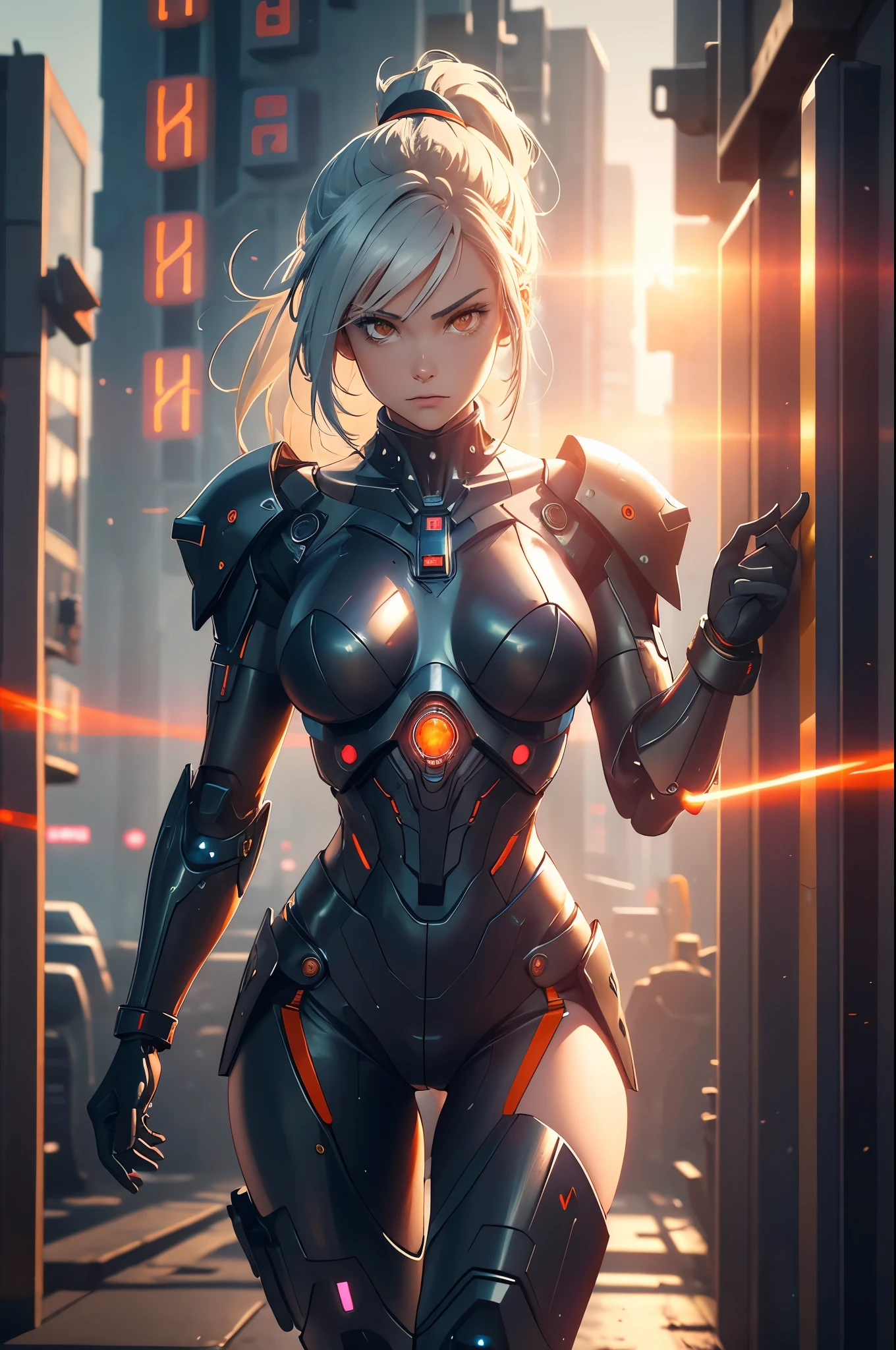 1girl, a beautiful cyborg cyberpunk girl carrying a fantasy weapon, in an aesthetic pose, half mecha outfit, half human skin, wide angle, oil shiny, ponytail, white hair, white orange black machine outfit color combination, the body have of machine, realistic futuristic hologram, Asian skin tone, beautiful eyes, beautiful Asian face, cyber ear machine, suit is solid mecha, realistic machine, sci fi scape, manipulation is a masterpiece, long hair, masterpiece, outfit of cyberpunk, realistic sci fi building texture mecha aesthetic, digital cyberpunk, looming over a city, cyber technology, realistic hair, lots of hair, white hair, realistic metal solid texture of building, realistic neon glow, realistic neon sign, wonderful side lighting, fashion, realistic futuristic cyberpunk building, realistic girl robot cyberpunk, fog, foggy, masterpiece of detail, RAW IMAGE, depth of field, point of interest, depth of field is a masterpiece, best photography composition masterpiece, natural realistic hair, rule of thirds masterpiece photography, natural lighting, photography masterpiece natural lighting from the side, realistic skin texture, strong reflection, (pose pinterest) masterpiece beautiful, Devil Horns, head of devil horns, smooth pixel, ray of light, soft light, small breasts, masterpiece of cyber mask, (fantasy weapon, carrying a weapon), orange eyes, detail masterpiece, half human, half robot, cyborg character design, full body cyborg girl, boots, warrior girl outfit,