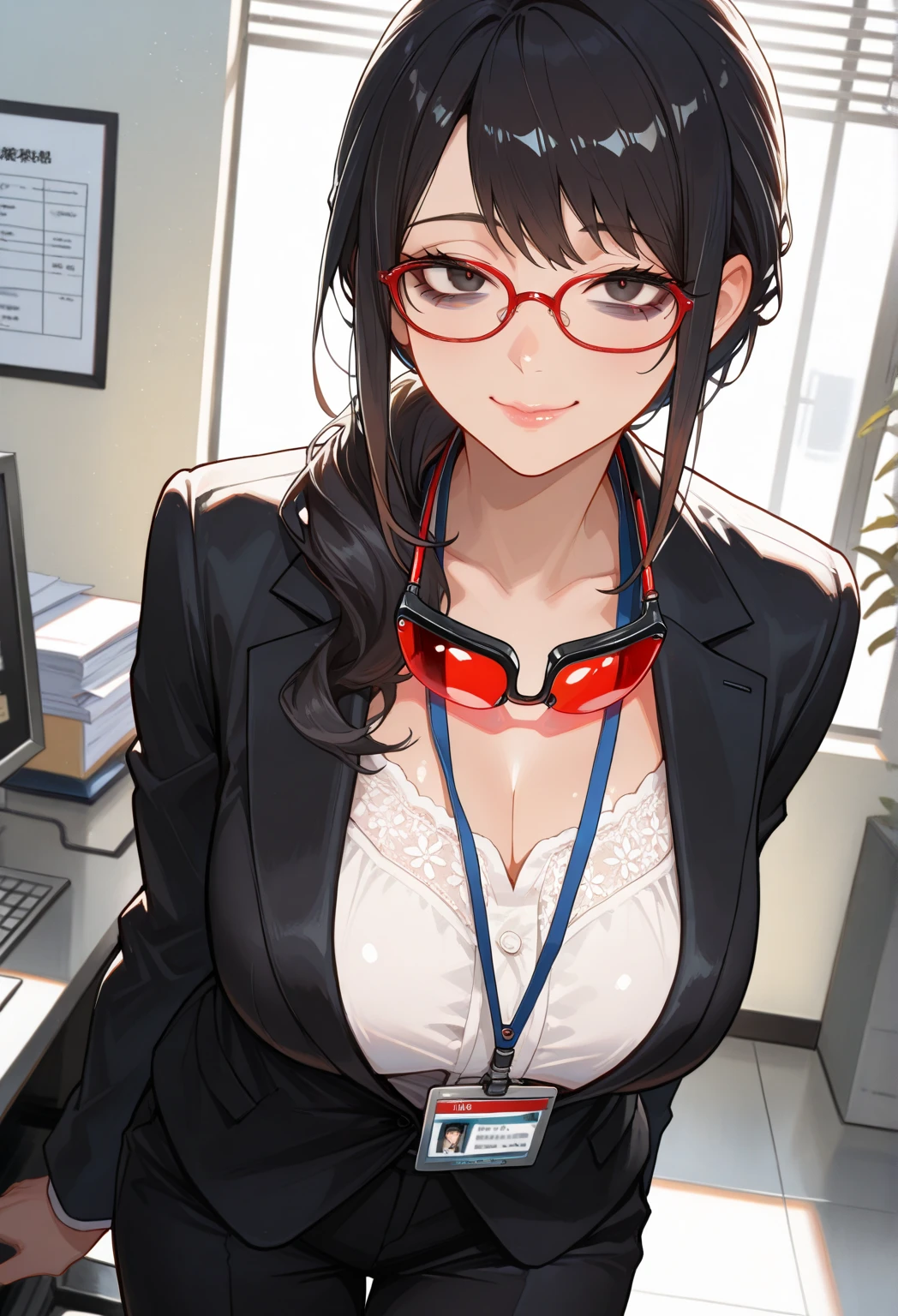 ((最高品質)), ((傑作)), (詳しい), 完璧な顔,((from front)),((curvy)),((squatting,spread legs,arms behind back)),((on the bed)),(suite room),(moody face),((bashful)),(condom in mouth),looking at viewer,(black hair,slicked back hair,chignon),((Office lady suits,mini skirt,lift skirt)),thin red micro bikini,((high stocking,fishnet tights)),((garter belt)),high heels,perfect nipple, extremely detailed nipple, round areola,extremely detailed pussy,pubic hair,glasses,(thin red micro bikini,Office lady suits,mini skirt,lift skirt:1.9),((condom)),