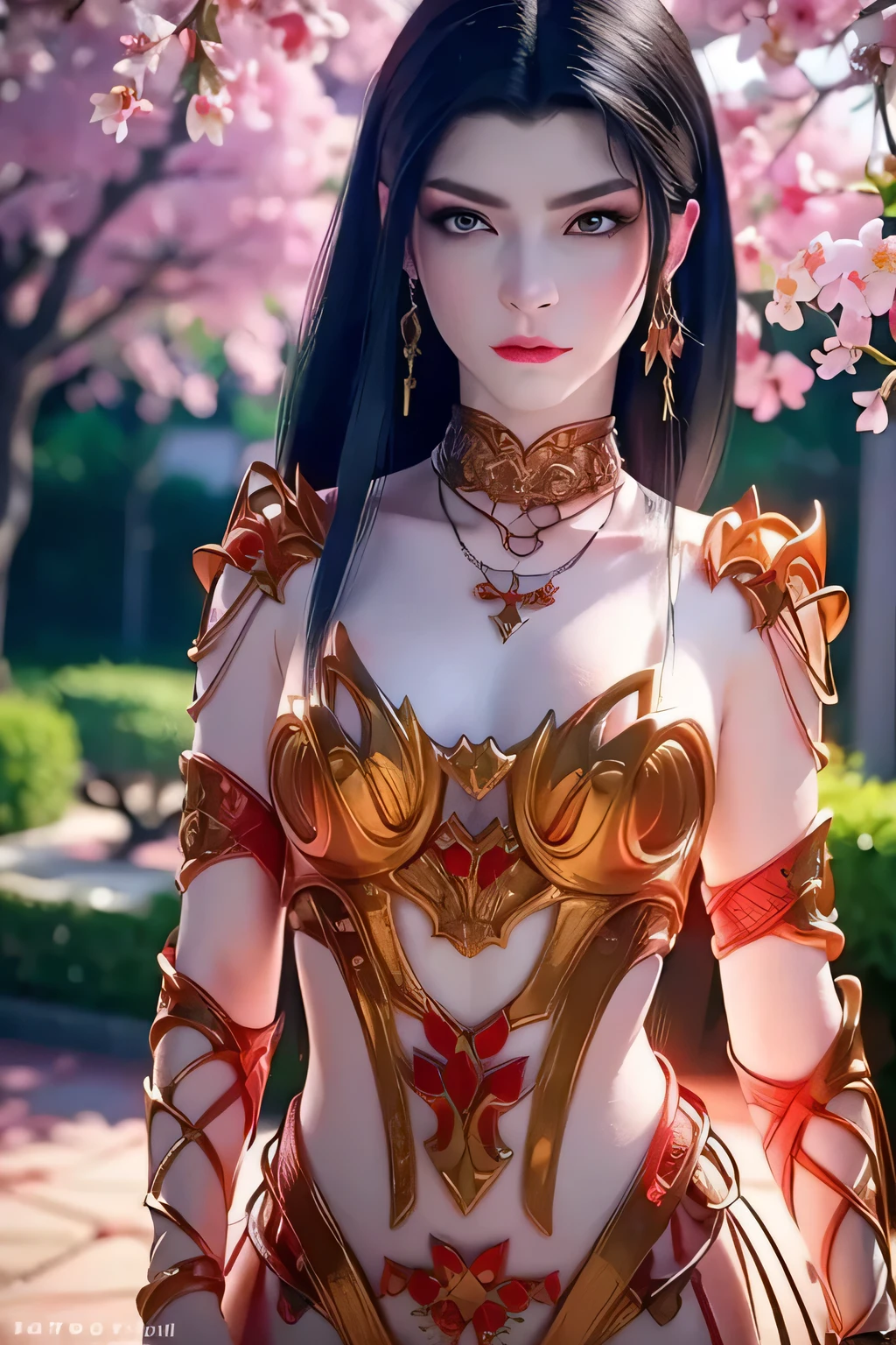 (RAW photo:1.2), (photorealistic:1.4),(intricate details:1.2),(masterpiece:1.3),(best quality:1.4), (ultra highres:1.2),1girl, solo, jewelry, earrings, pointy_ears, necklace, upper body, looking at viewer pose, red ornamental clothes, background : a garden with fluttering sakura petals, strict icy expression on her face, beautiful face, good face symmetry
