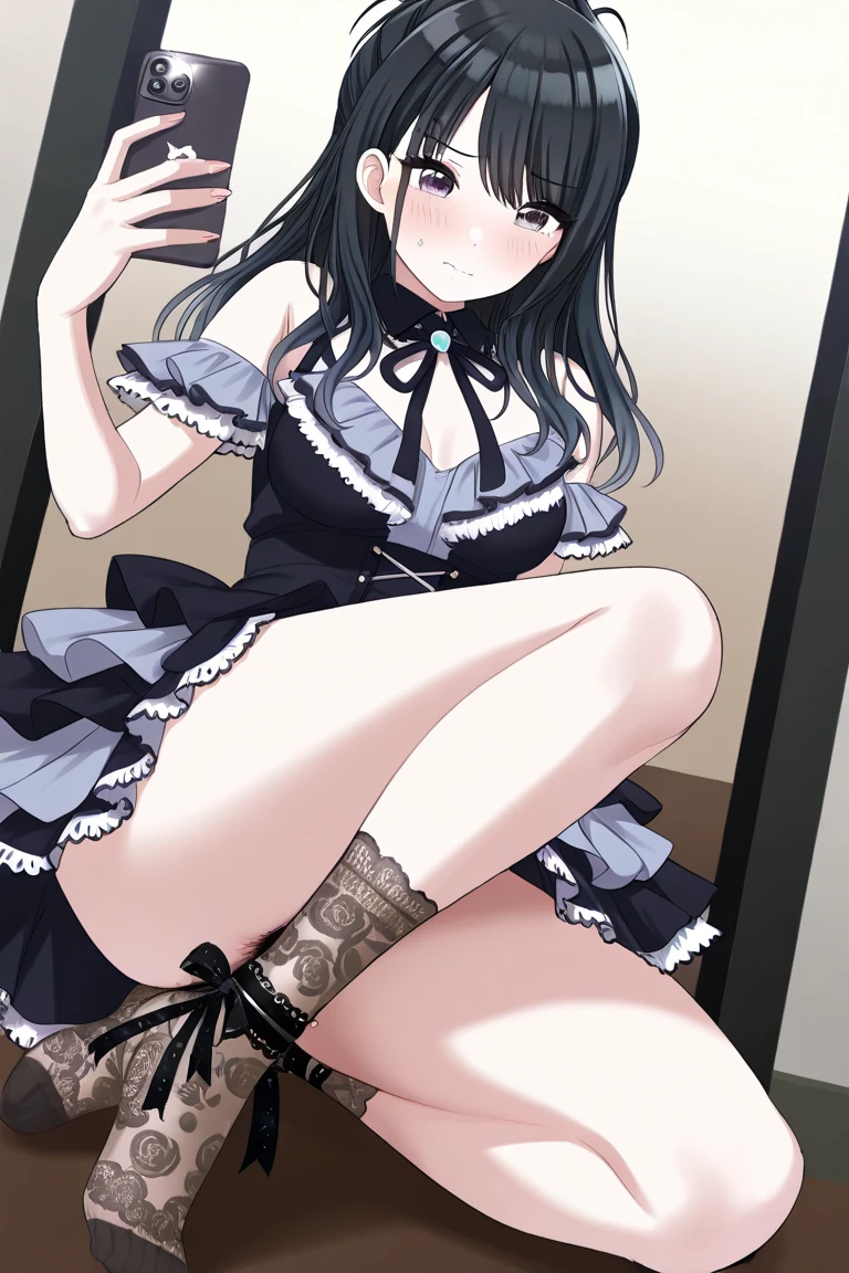(Highest quality), (masterpiece), 1080P, High resolution, 4K, 8K, Black Mask, Selfie, Are standing, Thigh straps, Shooting from directly below, ((Nipples)), ((White panties)), Gothic ta, Frilled Skirt, White sweat, Covered , Sweaty, Woman looking down, To achieve this, 16 yall breasts, Upper Body, Black leather shoes, Braided hair, Ear hair, Inner Color, Embarrassed face, Long Hair, Yellow Eyes, bracelet, alley, dim