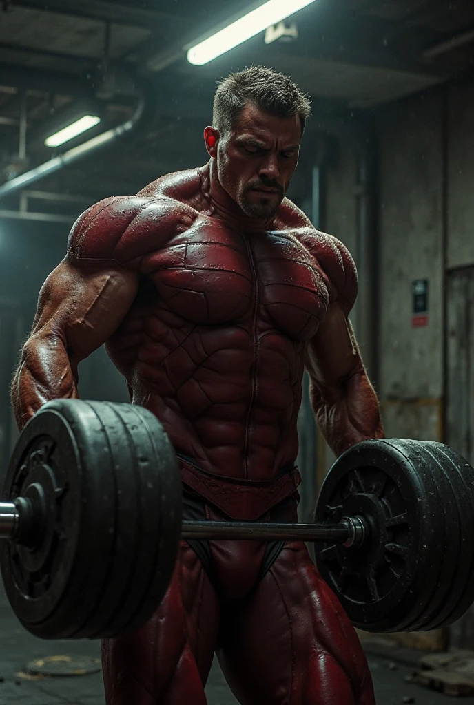 Bodybuilder with full acne drinking pulling weights