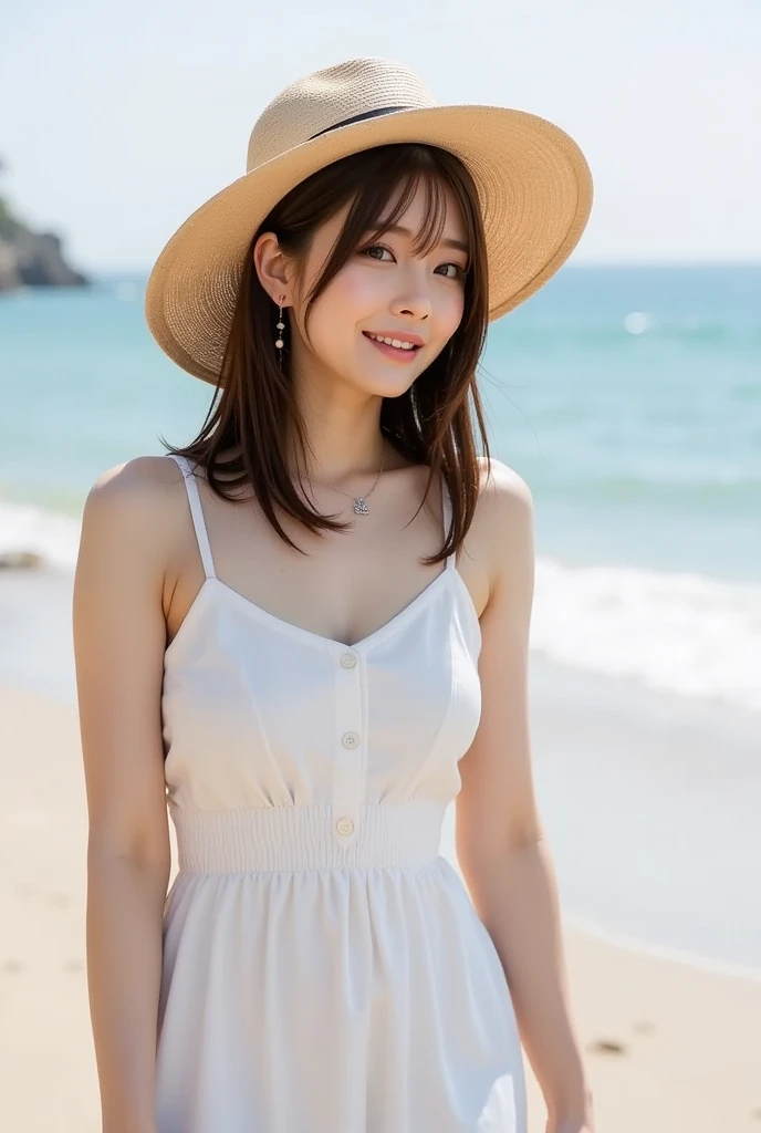 one-piece dress white straw hat
