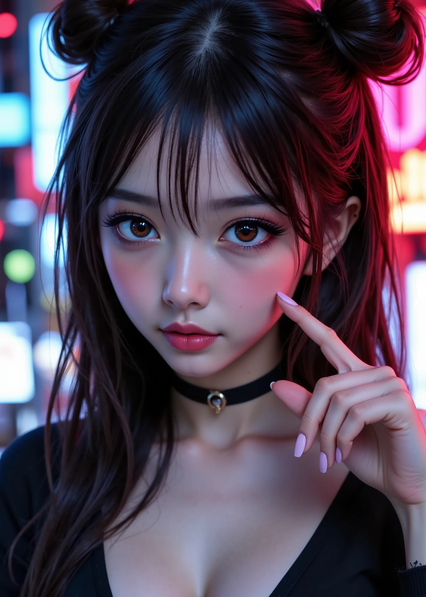 A young woman stylized in anime art , perfectly aligned to cover her eyes. Her nails are painted dark blue. Her lips are dark, and she wears a black choker with a metal ring in the center. Her hair is tied in small, messy buns, with a few strands falling gently over her forehead. Soft neon lighting in shades of red, blue and purple reflects off her face, creating a nostalgic, cyberpunk vibe. The background is composed of diffuse, abstract lights, evoking the feeling of a vibrant night city, perfect for a Lo-Fi playlist focused on studying and concentration.