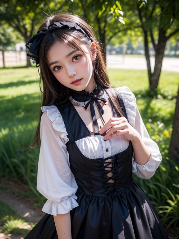 1girl, 12 years old, Famous idol, 1cute girl, very young face, masterpiece, high quality, small face, (very small tits:1.8)Gothic lolita fashion style, dramatic angle:1.4, Stroll around town,half smile:0.5,