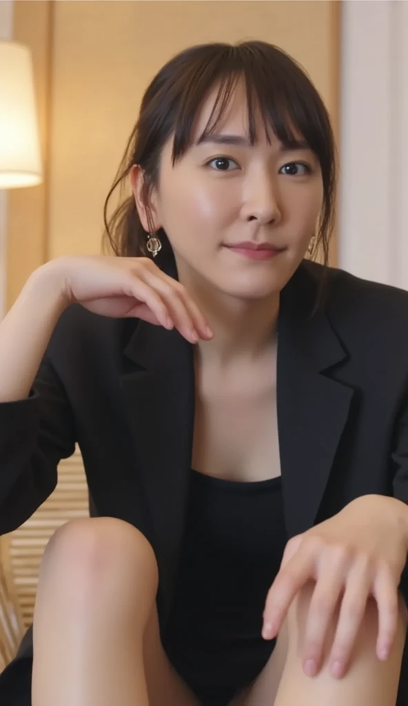 (top-quality, 16K, masterpiece:1.3), (ultra detailed), (masterpiece), (best quality), Highest quality, Realistic, surreal, Highest quality, Extremely detailed CG, Very delicate, 16K wallpaper, High resolution, A female manager working for a top company, 3, ((face, mole, beauty mark:1.5)), ((UNTITLED business suits:1.2)), ((A very simple necklace)), ((at midnight:1.5)), ((alone with my lover in the Japanese office in the middle of the night:1.5)), ((sitting in an office chair)), ((arched back:1.4)), Japanese, slender body, very detailed, detailed fingers, detailed hands, detailed eyes, detailed legs, accurate and perfect human anatomy, real human skin, BREAK ((upper body:1.5)), ((look into the viewer's eyes:1.5)), ((looking at viewer:1.5)), ((Front view:1.5)), ((from front:1.5)),