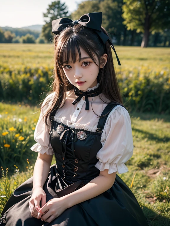 (fidelity:1.3),filigree,quality,Rembrandt lighting,(tmasterpiece:1.2),(fidelity:1.2),(best qualtiy),(skin detailed:1.3),(Complicated details),dramatics,Ray traching,1girl,american white girl,blond hairbl,21yo,mediuml breasts,(grassy fields,suns,clouds,Tano,farms,starlights,footpath),Black and white lolita costume Gothic maid costume Lolita,((Medium and long-range shots:0.9)),