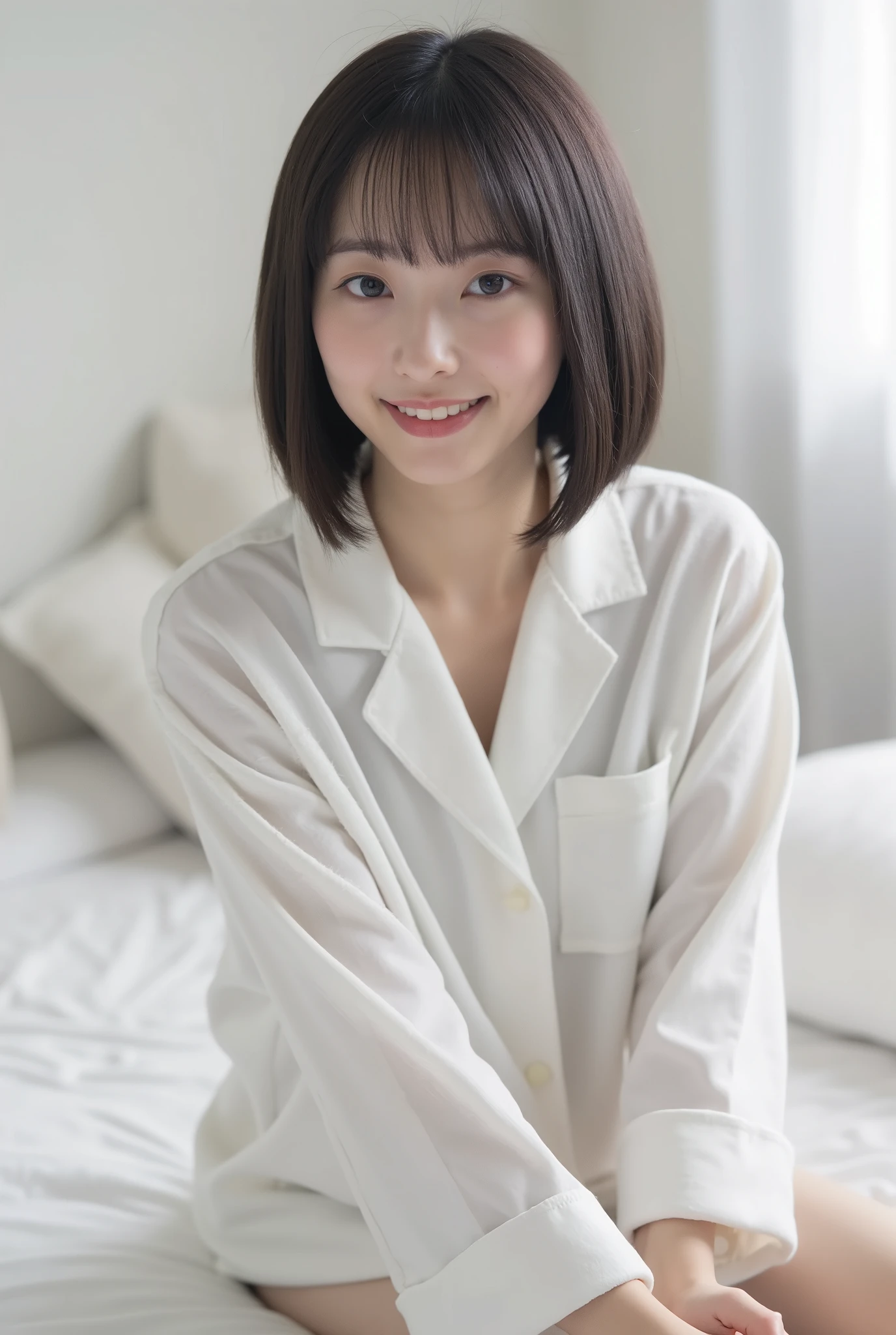 Create an image of an exceptionally beautiful Japanese girl with fair skin. She is sitting on the bed in her white room, wearing comfortable loungewear. Her straight, semi-short hair frames her face softly. The ambiance is enhanced by cinematic lighting, creating a cozy and inviting atmosphere.