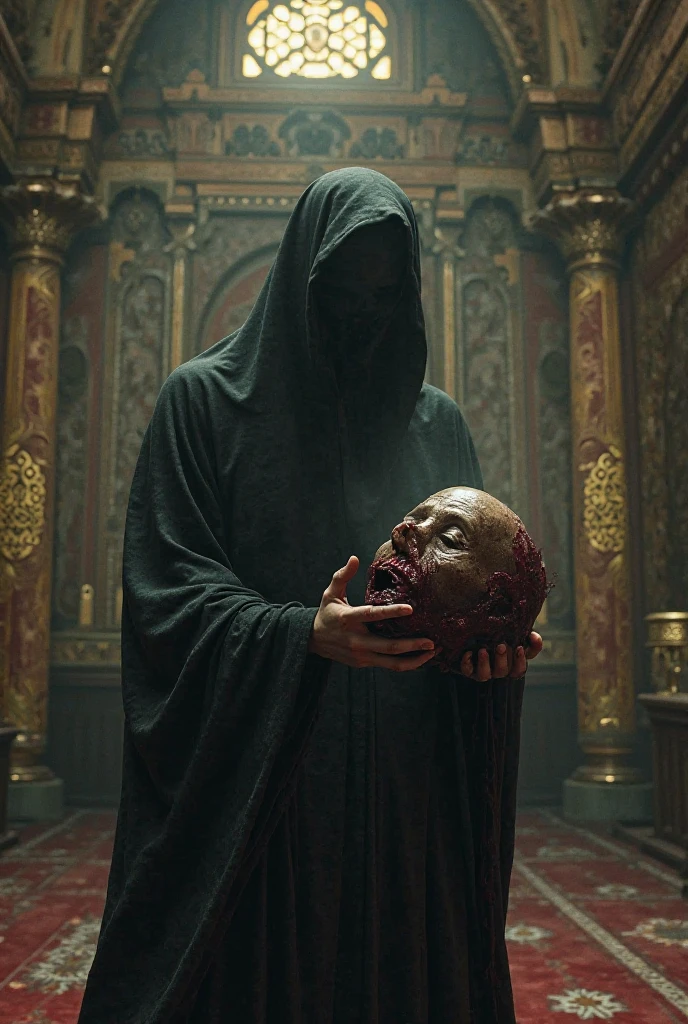 HD wallpaper of a person in a robe wearing a hood holding a man's head