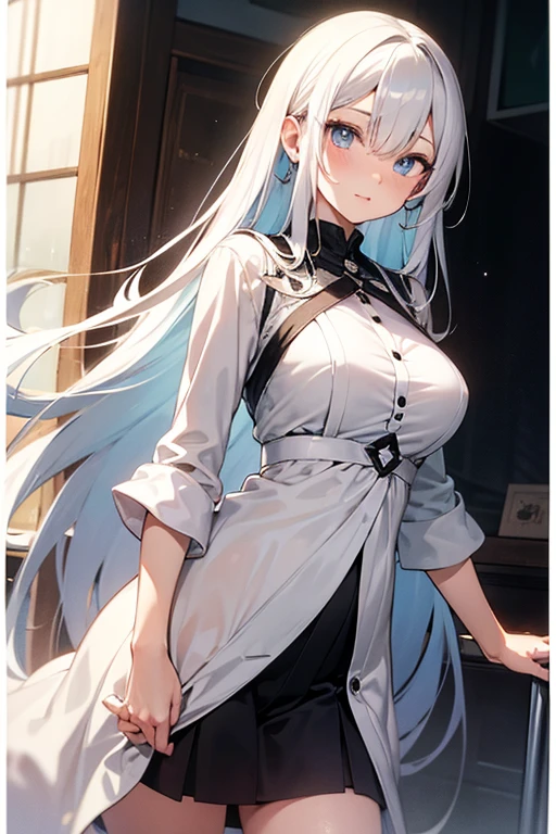 A girl with beautiful long white hair with blue eyes in a modern apartment