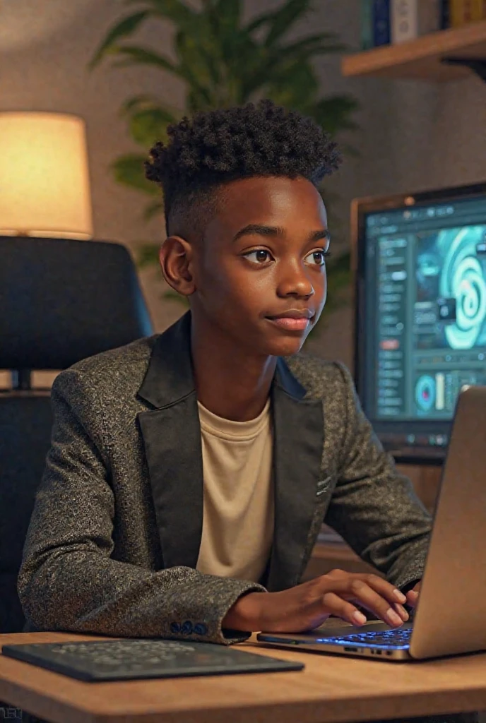 Profile photo of a dark-skinned boy using a computer with a coat