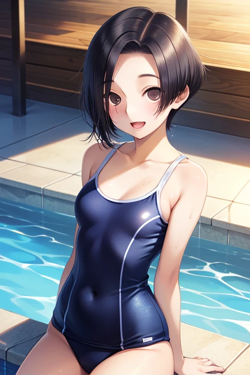 (((masterpiece, best quality, ultra highres, 1 girl, solo, white background))), super detailed skin and face and eyes and finger, cute japanese woman, small breasts, skinny, light brown hair, very short hair, knee shot, white background, 2D anime, boyish, expressionless, cartoon,  Various poses, Please draw the entire character within the frame, ensuring that the head, arms and legs are not cut off, with the character positioned centrally, smile showing teeth, nipples, female genitals visible through tight clothing, Sheer clothes, white one-piece swimsuit, sitting, spread legs,