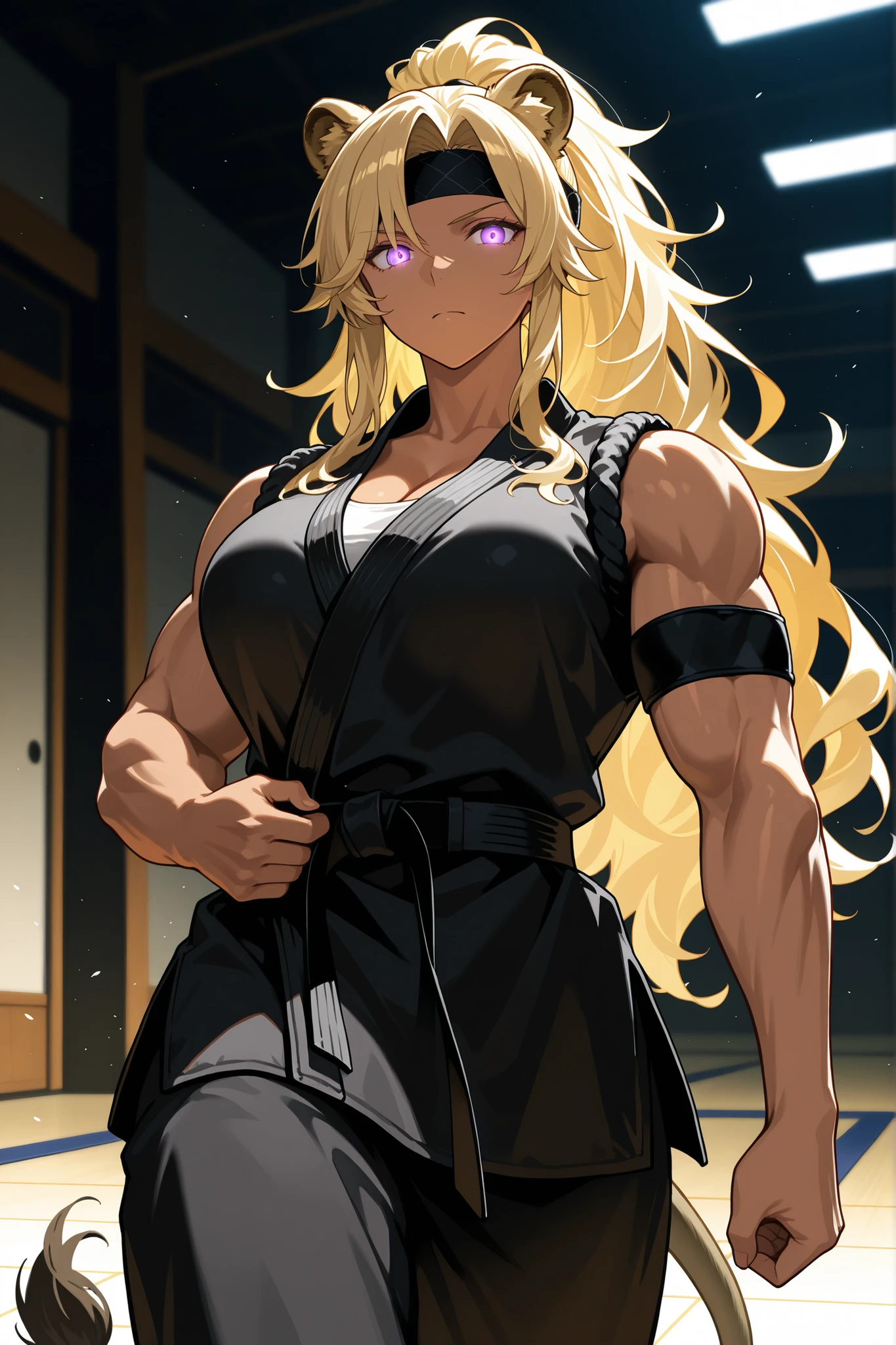 1 girl pale skin yellow eyes black long hair angry muscular toned body bodybuilder night dress large breasts