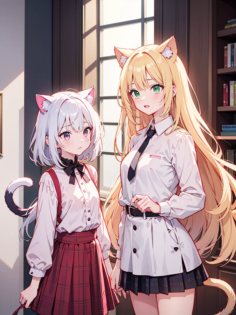 National Foundation, masterpiece, (best quality:1.2), (Clear focus:1.2),, 1 girl, Slim girl,, (Blonde|Light_hair), Cat ears,, Delicate face, young|Cute face, blush, Smile,, natural breast, Thin arms,, White collar shirt with black tie, Black necklace,, In a modern office, indoor