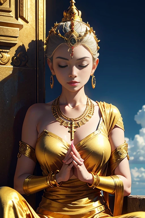 frontを向く,front,黄Moneyの偶像, Head portrait ,woman,Greek, goddess, Beautiful goddess of Money, Ancient Greek, Beautiful images, Money, Mysterious, Rich ancient Greek style, sculpture made of Money,, Expressed in 3D rendering, Greece, Greek mythology art, The Path to Enlightenment, The Path to Enlightenment、背景はuniverse、universe、From the shoulders up