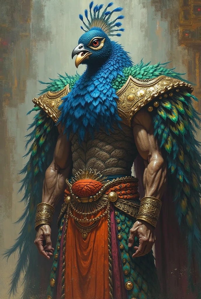 A mythical creature with the body of a muscular human and the head of a majestic bird, adorned with intricate golden armor and jewelry. The feathers are richly detailed, showcasing a blend of blue and gold hues. The figure stands proud, exuding strength and regality, with an ornate headpiece adding to its imposing presence.