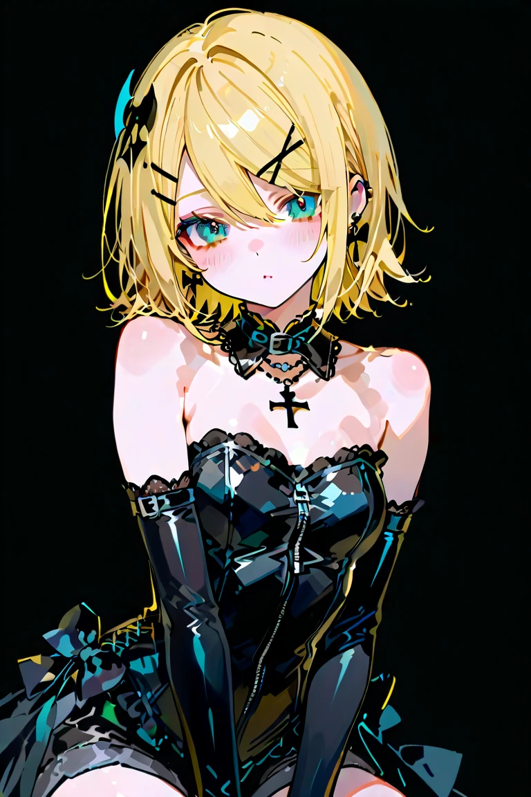 Generate a highly detailed anime-style portrait of a female character with short, blonde hair and sharp blue eyes. The art should feature expressive, semi-realistic facial features with subtle yet painterly shading. The character should be a mysterious and confident vibe. Her expression is captivating, with a slight smirk, and she wears black gloves that reflect a sleek, glossy texture. The background should have a rich, deep red color with soft, abstract brush strokes. The overall style should blend realism with anime aesthetics, using bold outlines, detailed facial features, and dramatic lighting to create a moody and atmospheric scene. The color palette should be vibrant yet harmonized, with strong contrast between the character and the background. shackles and chains on her limbs, showing that she is a slave