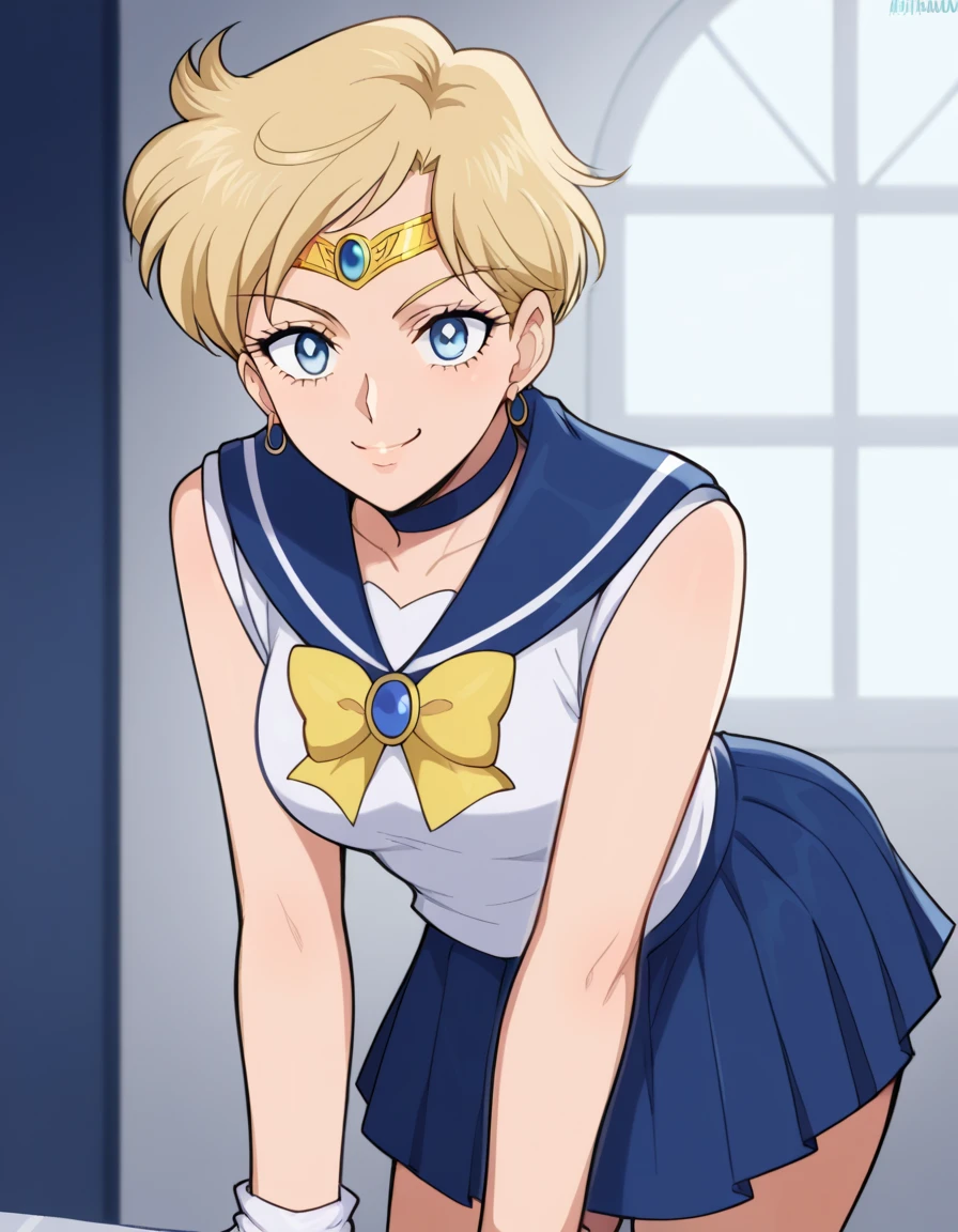 (La mejor calidad:1.1), (Obra maestra:1.4), (absurdos:1.0), retrato, primer plano,1girl, Marinero Urano, KizukiAi, Mujer madura, small breasts, aqua eyes, cabello rubio, Uniforme Sailor Senshi, Collar de marinero, arco de pecho, Arco trasero, Falda suplicante, Guantes blancos de codo, big booty, Ultra minifalda , jewely, Pendientes,, en postura de espalda, arrodillado en el suelo, Manos en el suelo, (in position), back to camera. de cerca, Show off your loot.( en postura de espalda) Pose de perrito, BOTIN EN MICRO TANGA, Mujer madura (They are smiling)