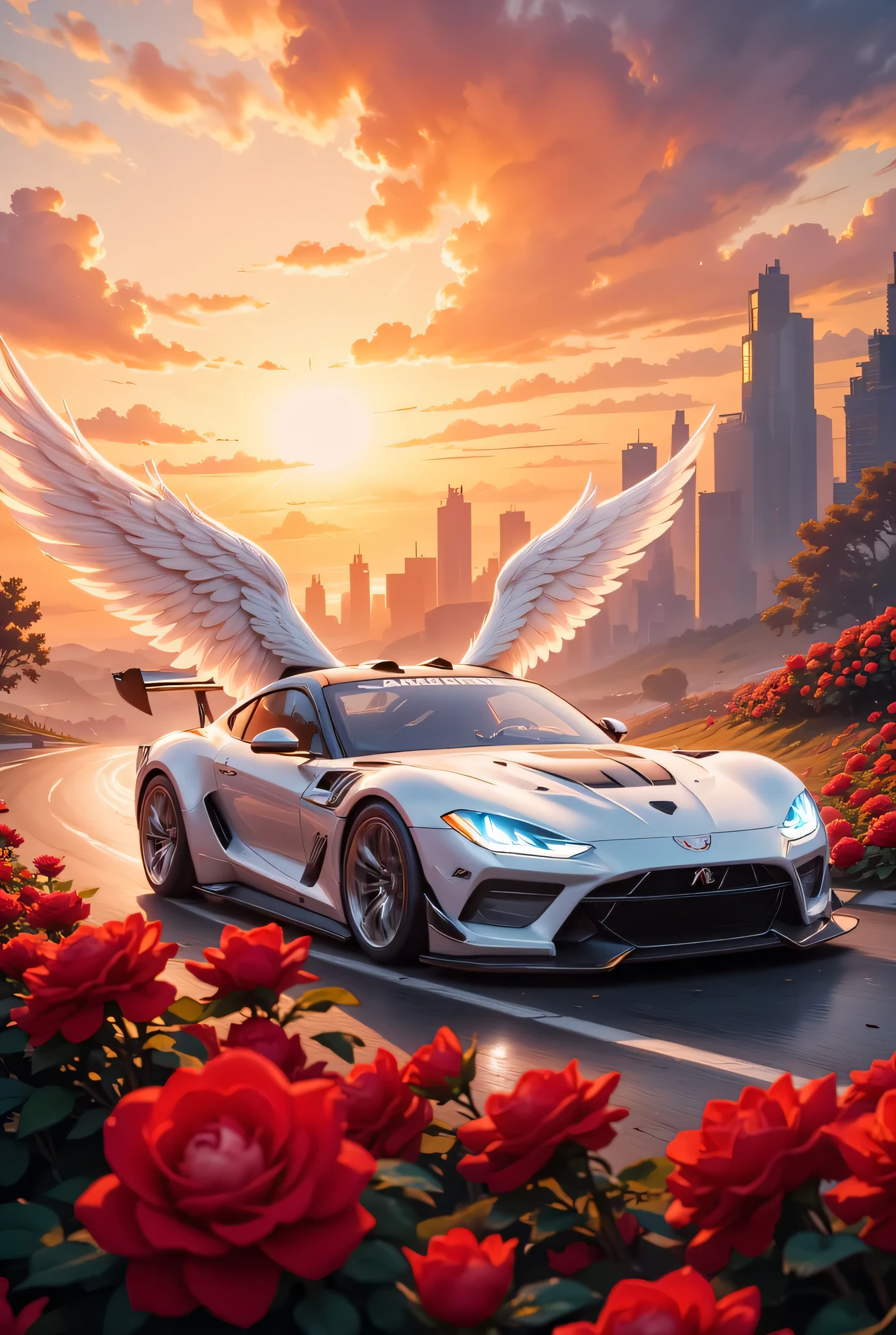 there is a white racing car on a race track, the car has white angel wings, roses along the track, the sun is setting behind the car, zavy-ctcmcs, w1n