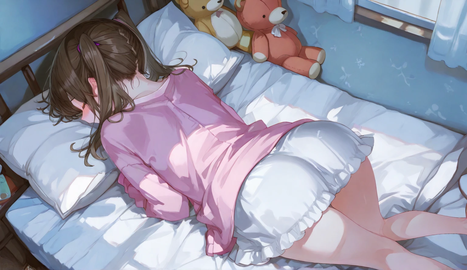 Make a girl with blonde hair and blue eyes, Have big breasts, big ass, and have a very short skirt, and have a pink sweater that has the phrase "i want sex", also have thick thighs, white knee high stockings, and have pink shoes