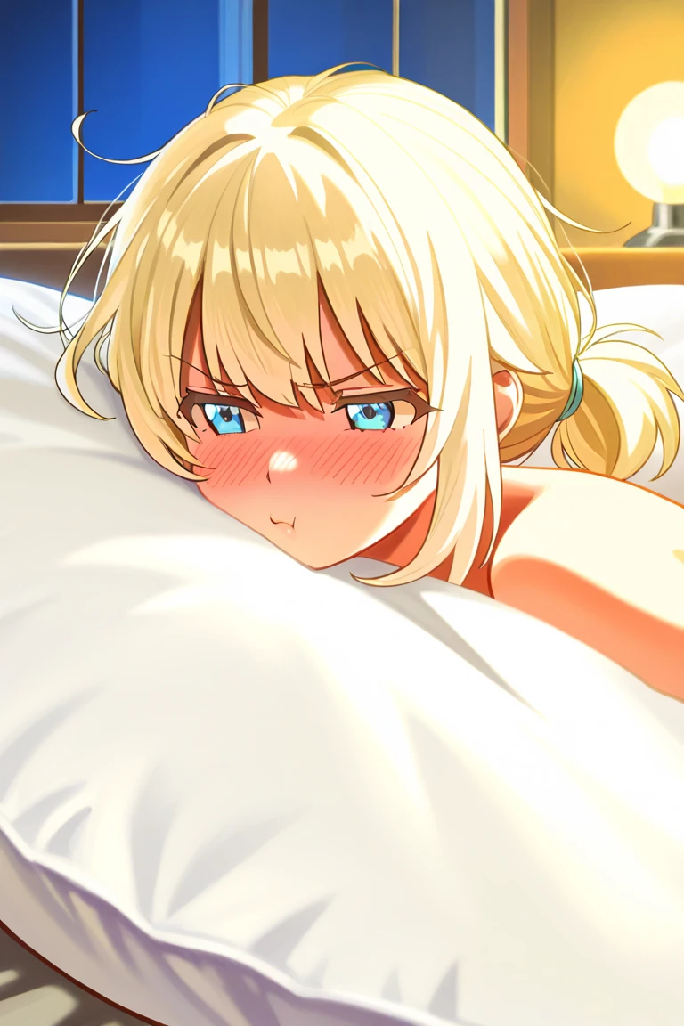 score_9, score_8_up, score_7_up, 1girl, solo, indoors, bedroom, tomboy, shy, blush, gyaru, standing, choker, looking to the side, big breasts, wide hips, medium long hair, (blush), tall, lying in bed, blanket pulled up, view from side, shy smile, lazing around on a bed, on top of a bed, wearing modest payamas, (5fingers), clothed,