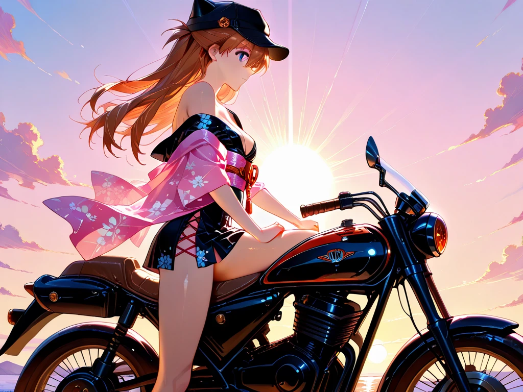 ((kinako (shiratama mochi) style)), rough style, desert, neon light signage, cyberpunk, cactus, (1girl), extreme detailed, dull, highest detailed, unity 8k wallpaper, ultra detailed, masterpiece, best quality, topless, nipples, stomach, helmet, goggles, latex skirt, leather belt, waist pouch, bare shoulder, salmon pink hair, ponytail, long hair, smiling, small breasts, motorcycle, wet body, sunset, open mouth, armpit, upper teeth visible