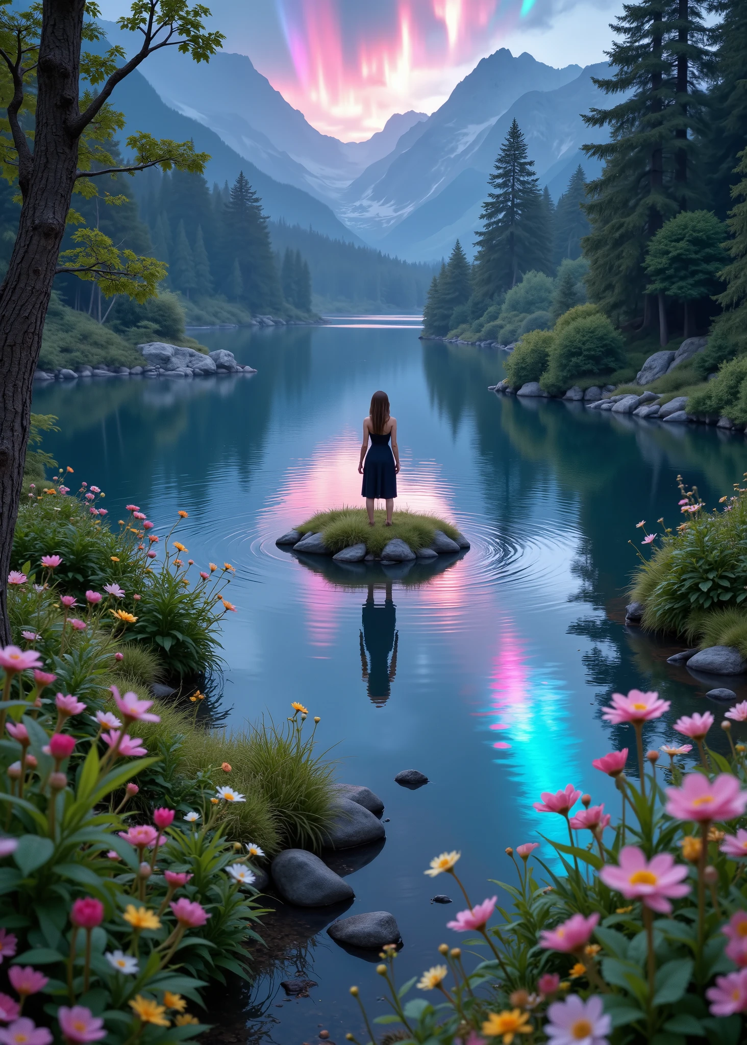    Fairyland 、on an island in the middle of a large lake in the woods、A woman standing alone、Spring flowers 、can see auroras in the night sky、the aurora lights illuminate the surrounding area、 realistic 3d rendering 、high quality、Peaceful Atmosphere