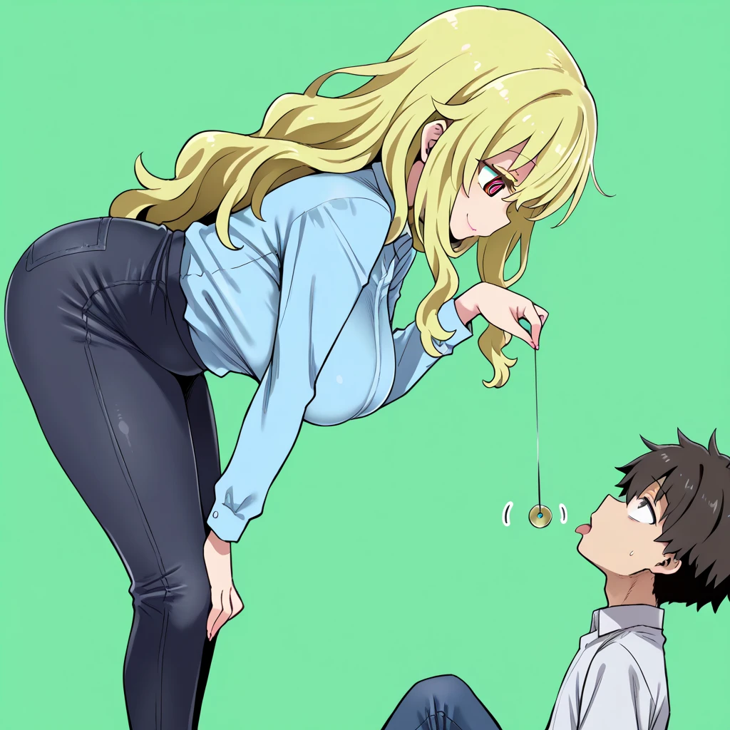 Masterpiece, best quality, Masterpiece, best quality, 1 woman, blonde hair , sly face , naked , big breasts , abdomen , sit down on the floor , 1 man , black hair , School uniform , knead
