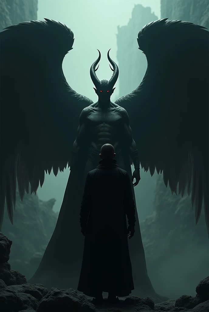 a fallen angel, detailed dark angel, detailed demonic features, dark wings, glowing halo, dramatic lighting, moody atmosphere, cinematic composition, muted color palette, chiaroscuro lighting, detailed feathers, intricate patterns, gothic aesthetic, dark fantasy, dramatic shadows, ethereal presence, (best quality,4k,8k,highres,masterpiece:1.2),ultra-detailed,(realistic,photorealistic,photo-realistic:1.37)