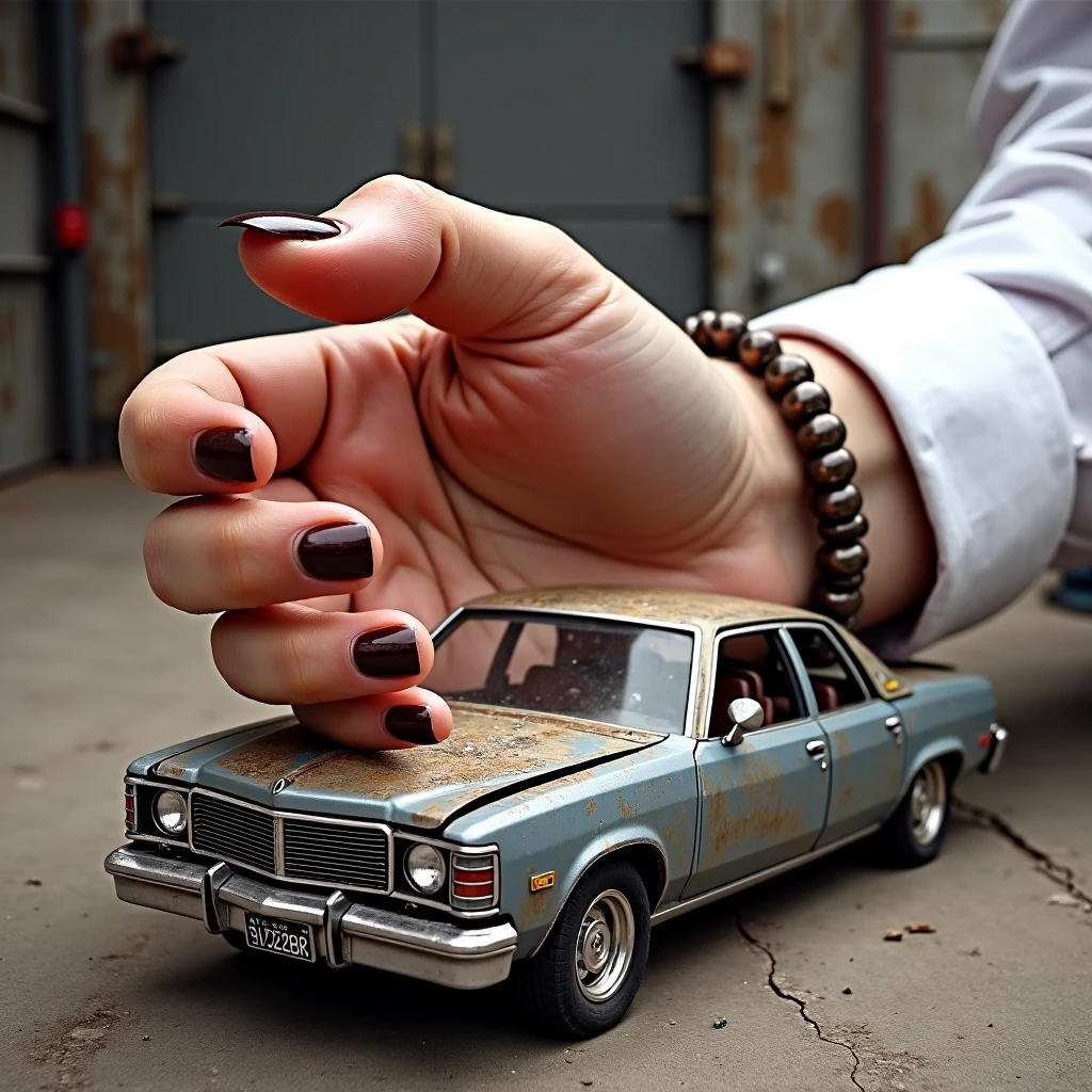 A massive, towering yet feminine hand, painted with dark brown nail polish and embellished with an elegant bracelet, encircles an old, battered sedan. The sleeve of a white business blouse ends at the wrist. The vehicle is so tiny that it nearly fits within the hand. It rests on the floor of a rough, industrial environment. The hand is compressing the car as if it were a machine in a scrapyard, with fingers and thumb pressing into its sides. Glass is shattering, and the frame is significantly bent or crumpled. The front of the car is directed towards the camera, with a film grain effect and a mid to low angle perspective.