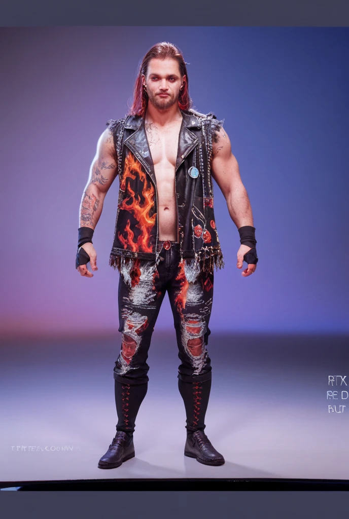 A  Surfing Instructor boy, very muscular, very fair skin, short beard, ginger wavy long hair, Sheer and Mesh Detailed Stage Costume, seductive, orgasmic, erotic, sensual, full body pose, sharp details, accentuating the body lines, light rose and Complementary Colors, adorned with shiny sequins and beads