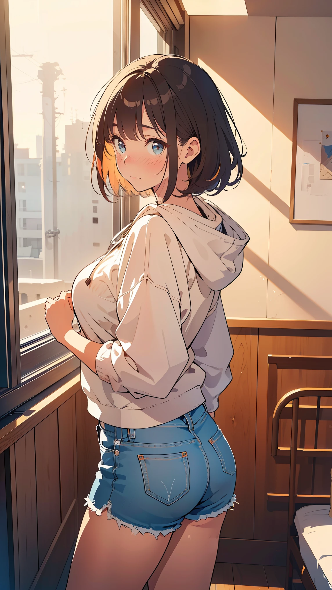 Masterpiece, top quality, illustration , Nostalgic Photos:1.5, (( image outlined with very fine lines:1.3)), ultra detail, fine detail, high resolution, 8k wallpapers, perfect dynamic configuration, beautiful eyes in every detail , ( oversized, cute color , long hoodie), ( shorts that stand on only your feet), ( short hair, Shiny hair,loose hair ), (Big Natural :1.6), Natural Color Lip, ( standing with butt sticking out:1.1), (28 year old girl, OL),, (happy, embarrassed expression:1.3), (( focus on your upper body )),full body shot, side shot, ((Dormitory room)), big natural breasts