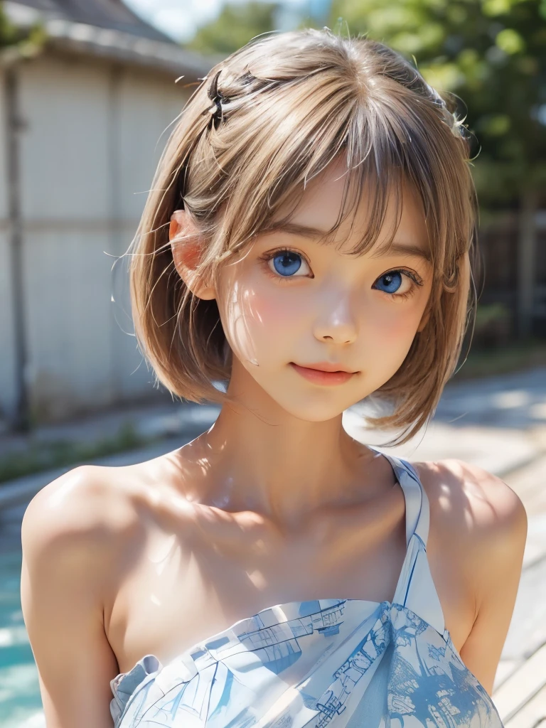 ((sfw: 1.4)), ((sfw, bandeau bikini, beach, bony body, extra short hair, sidelocks-hair, smile, 1 girl)), ultra high resolution, (real: 1.4), RAW photo, highest quality, (photorealistic), focus ,Soft light,((15 years old)),((Shiny platinum blonde silk super long straight hair, beautiful shiny bangs, big clear sky blue eyes, very beautiful bright eye highlights)),(((Young face))),(Surface),(Depth of field),Masterpiece,(Photoreal),Woman, Bangs,( (1 girl)