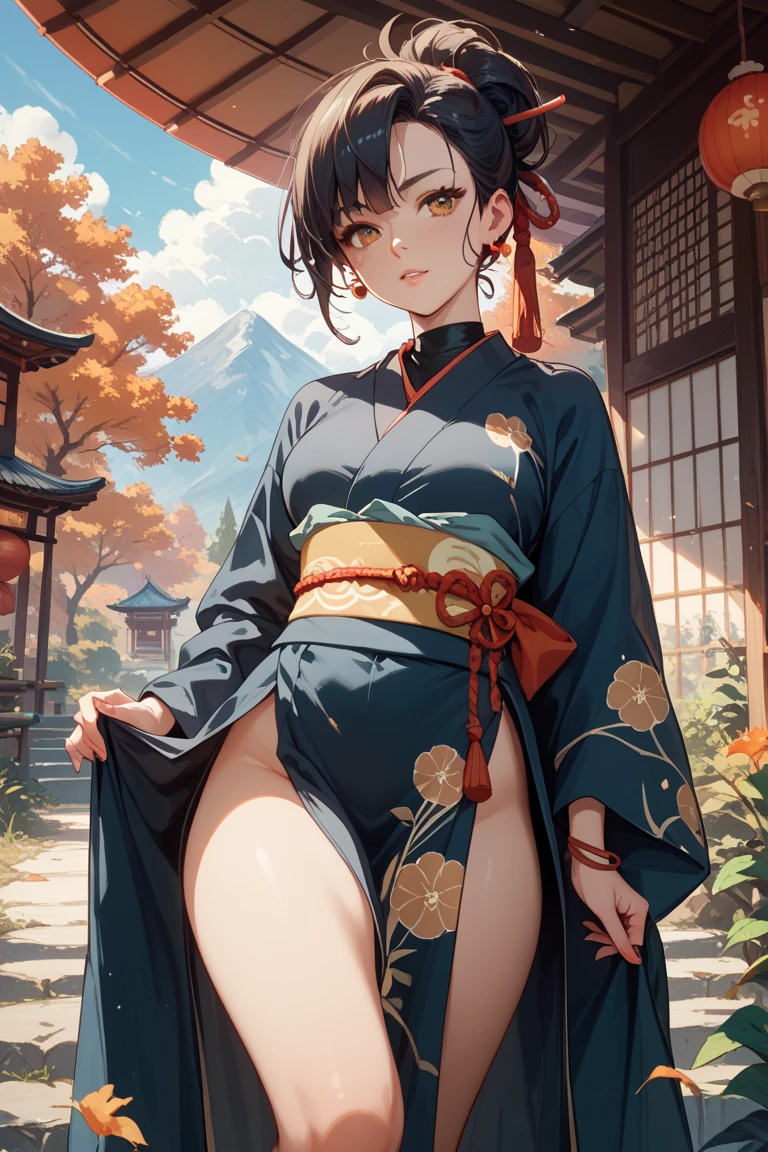 (Chinese traditional old painting image, hanfu, traditional garden), ((pubic hair, round face, eyes with realistic sizing, drooping eyes, blush)), (((standing masturbation with her hand))), open mouth,