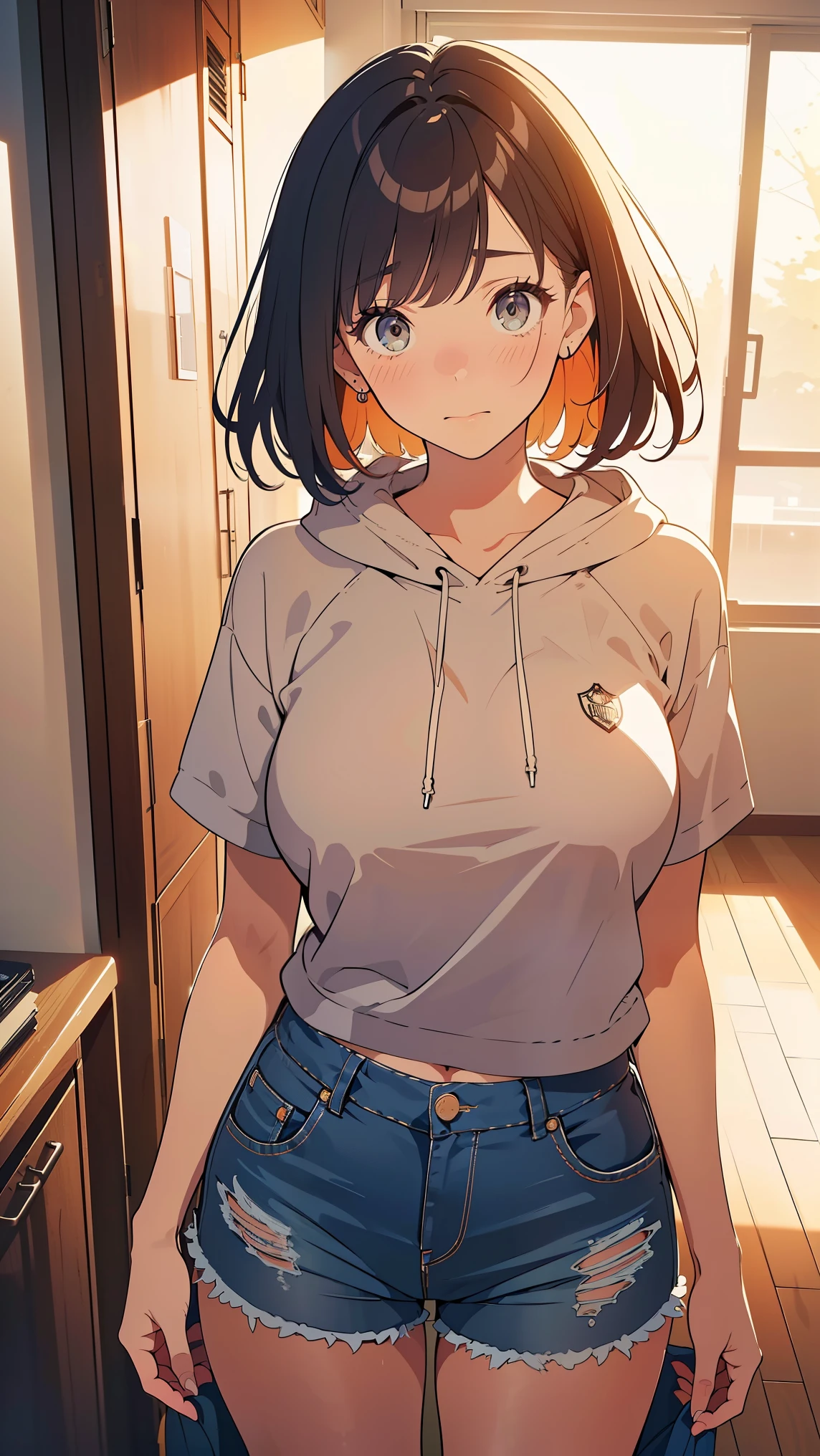 Masterpiece, top quality, illustration , Nostalgic Photos:1.5, (( image outlined with very fine lines:1.3)), ultra detail, fine detail, high resolution, 8k wallpapers, perfect dynamic configuration, beautiful eyes in every detail , ( oversized, cute color , long hoodie), ( shorts that stand on only your feet), ( short hair, Shiny hair,loose hair ), (Big Natural :1.6), Natural Color Lip, ( standing with butt sticking out:1.1), (28 year old girl, OL),, (happy, embarrassed expression:1.3), (( focus on your upper body )),full body shot, side shot, ((Dormitory room)), big natural breasts, Goth Girl, dark makeup