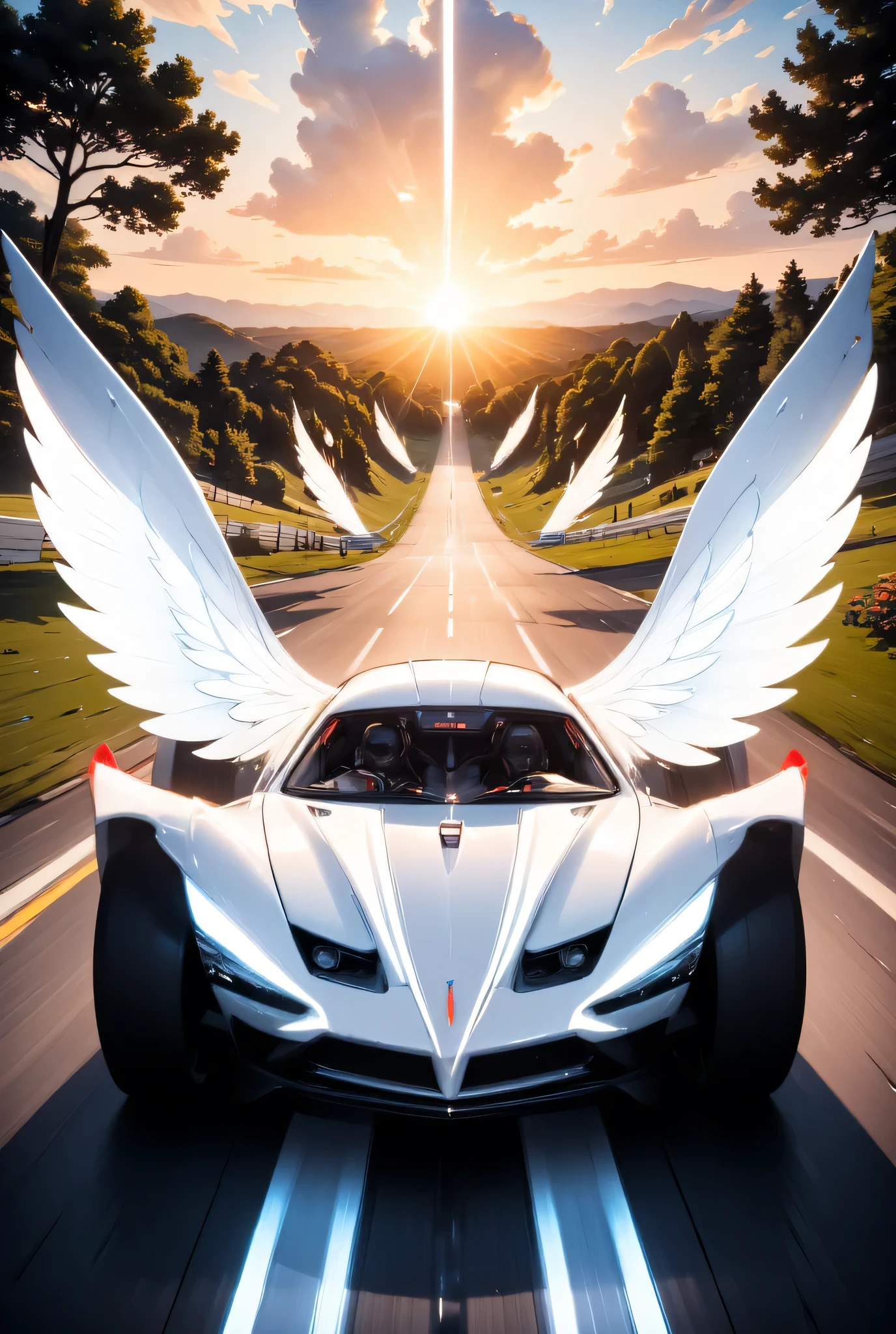 there is a white F1 racing car on a race track, the car has white angel wings, roses along the track, the sun is setting behind the car, zavy-ctcmcs, w1n