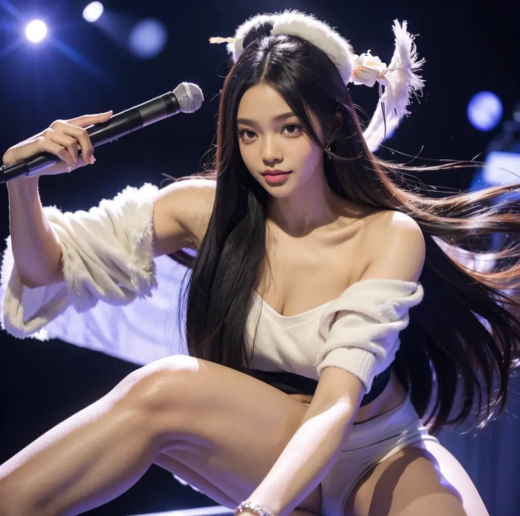African american celebrity with straight hair posing with korean fan on stage