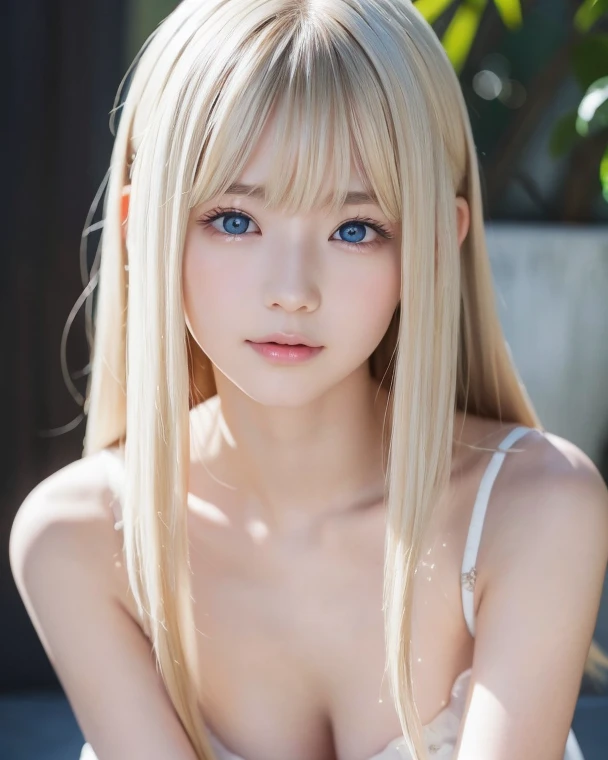 Super long Super long Straight Platinum blonde Silky hair、masterpiece、highest quality、High resolution、Highly detailed photos、Professional Lighting、(((topless)))、Bangs between the eyes、Hair above the eyes、Hair above the eyes-顔の髪、Strike a Pose、Sexy maid in the magical forest.、Portraiture、Bright expression、like Glowing white skin、Best Looks、Blonde reflection、Platinum blonde hair with dazzling highlights、Bright and shiny hair,、Super long straight hair、beautiful shiny bangs、Sparkling, clear, Attractive big blue eyes、so beautiful, A cute and adorable 15-year-old girl.、Bust of a Rich Man、ponytail、Cowboy Shot、Realistic、all nude、large breasts:1.5、pussy:1.1