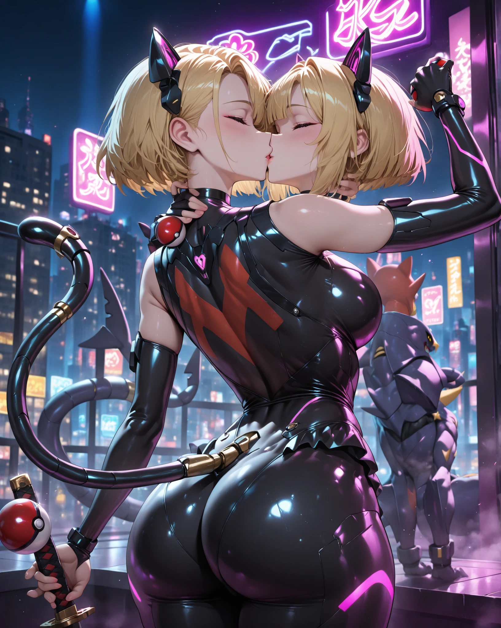 1 girl, seductively posing, collar, Athletic body, wet pussy, curvy, big breasts, small breasts, latex, pink-red eyes, platinum blonde hair, short hair, flushed face, evil smile, tight, ass, pantyshot, looking back, naked breasts, licking ass, booty clap, spanking, pain, lovehearts, white panty