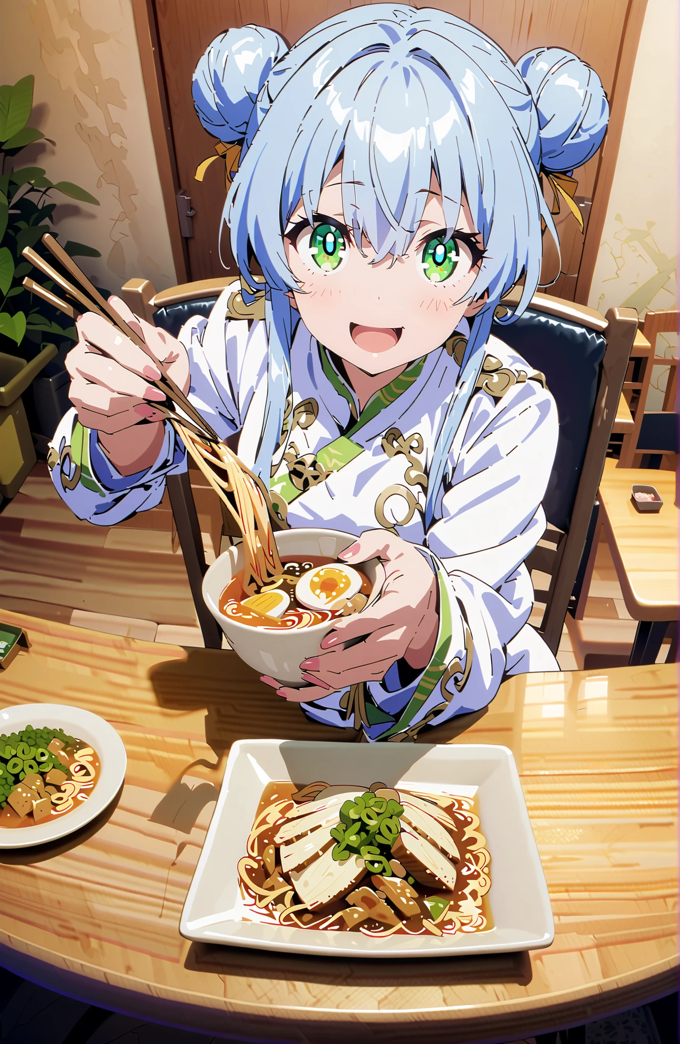 score_9, score_8_up, score_7_up, source_anime,Prohibited bibliography, green eyes, blue hair, side lock,Double bun hair, smile,cover,open your mouth,White Chinese clothing,long slit,pin heels,sitting on a chair,Grabbing noodles with chopsticks,ramen 1:1 is placed,crowd,break indoors, ramen shop,
break looking at viewer,full body,
break (masterpiece:1.2), Best Quality, high resolution, Unity 8k 壁紙, (illustrations:0.8), (beautiful detailed eyes:1.6), very detailed face, perfect lighting on the table, Extremely Detailed CG, (perfect hand, perfect anatomy),