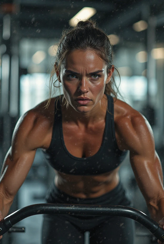 A dynamic and intense scene depicting the concept of strengthening both mind and body. A person is in the midst of a challenging workout, muscles engaged and focus sharp, symbolizing physical strength. In the background, there are elements like a meditation space or a journal with motivational quotes, representing mental fortitude. The environment is gritty yet empowering, with sweat and determination visible on the person's face. The atmosphere combines the raw power of physical training with the calm intensity of mental resilience, showcasing the harmony between a strong mind and a strong body.