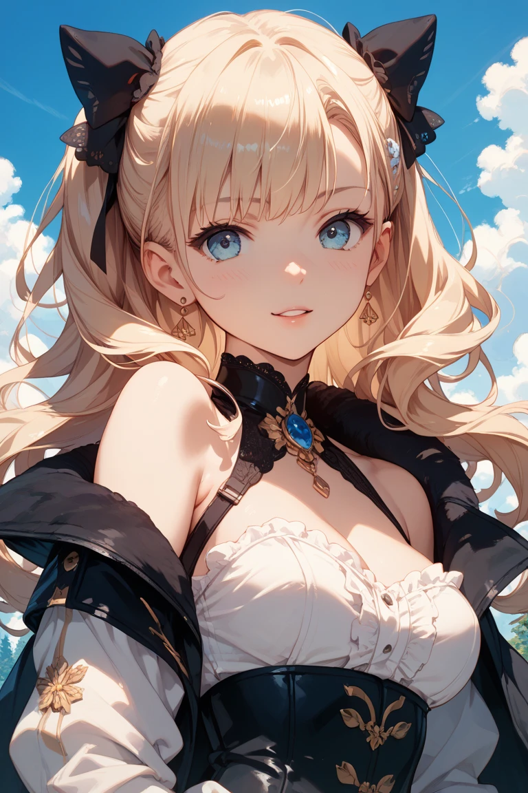 1 girl,Depp's Sense,confused,catch light,Super beautiful illustration,(blonde,long hairstyles:1.6),turn around,eye shadow,(Red clothes,Gothic Lolita),Upper body,;d,beautiful and delicate flowing hair,delicate and detailed blue eyes,emphasized chest,big breasts