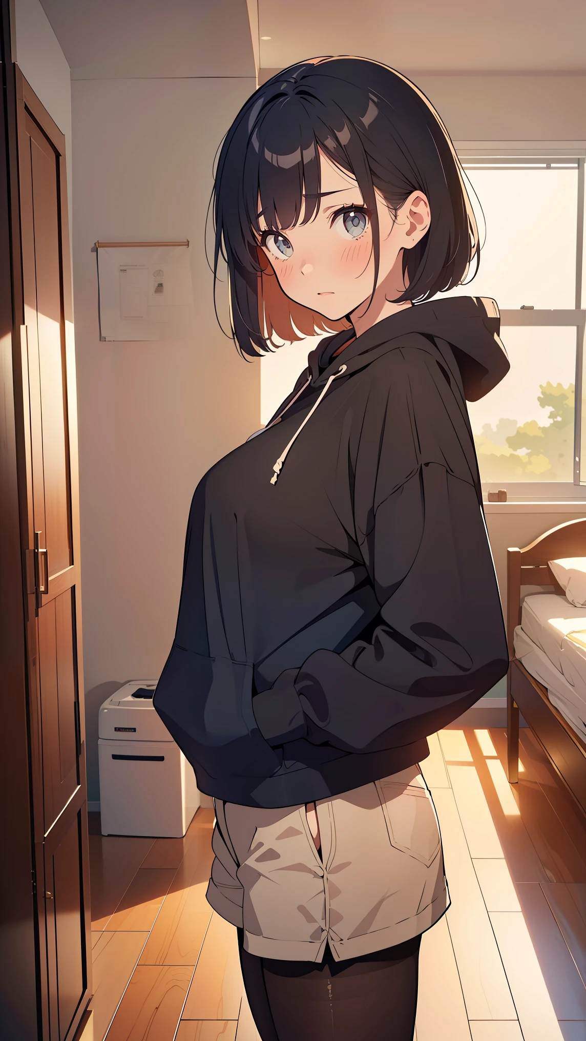 Masterpiece, top quality, illustration , Nostalgic Photos:1.5, (( image outlined with very fine lines:1.3)), ultra detail, fine detail, high resolution, 8k wallpapers, perfect dynamic configuration, beautiful eyes in every detail , ( oversized, cute color , blqck long hoodie), ( shorts that stand on only your feet), ( Tagged pantyhose ), ( short hair, Shiny hair,loose hair ), (Big Natural :1.6), Natural Color Lip, ( standing with butt sticking out:1.1), (28 year old girl, OL),, (happy, embarrassed expression:1.3), (( focus on your upper body )),full body shot, side shot, ((Dormitory room)), big natural breasts, Goth Girl, dark makeup
