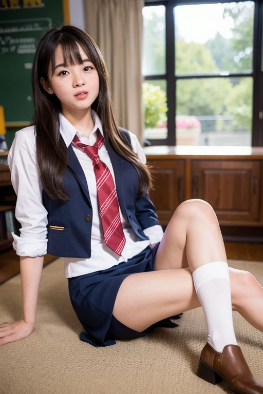 (8k, Highest quality, masterpiece: 1.2), (Realistic, photoRealistic: 1.2), sitting, (Panty shot)))), (Spread your legs)))), alone, , (((日本のhigh school girl: 1.6))), In the classroom, Wet, Gaze at the viewer, (sit: 1.5), loafers, smile, Big Breasts, Beautiful Eyes, An empty classroom, high school girl, (short hair :1.1), Panty shot, Spread your legs, Thigh, ((Grey no-tuck mini skirt:1.5)) ,((Gray High School Blazer)), White panties, socks, Knee-length, White shirt, loafers, Realistic, ((小馬鹿にしたsmile :1.5)), ((laugh at:1.2)), lips, Brown eyes, ((Red ribbon around neck)), ((Neat no-tuck Keio skirt)), 茶色のloafers, masterpiece, Highest quality, Ultra detailed face, (((Panties that look like they can be seen))), (((Spread your legs))), ((Like peering into someone's face)), (((Raise one knee))), (((みずみずしいThigh))), squat,(((Spread your legs))), (((膝を上げてsit))), しゃがみPanty shot, Ahegao, (((Tongue out))), ahegao, Stick your tongue out, (((Fresh calves))), loafers, (((フリル付きsocks))), I can see your pants, whole body, (((しゃがんだwhole body))), On my knees, 白い清楚なsocks,