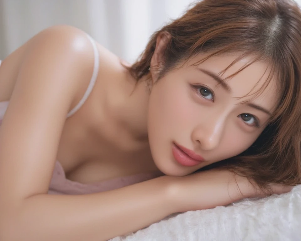 best qualtiy,tmasterpiece,超高分辨率,(photograph realistic:1.4),1个Giant Breast Girl,looking at viewert,Wear oversized off-the-shoulder summer underwear,Famous Korean actress,is very beautiful,kawaii,cinematic ligh,35mm lens,f / 1。8、emphasis lighting,8K,In luxury hotels ,Long-range shots,The whole person is in the picture,Lie down in bed